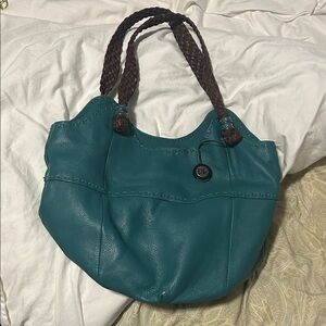 The Sak Teal Shoulder Bag with Brown Braided Handles